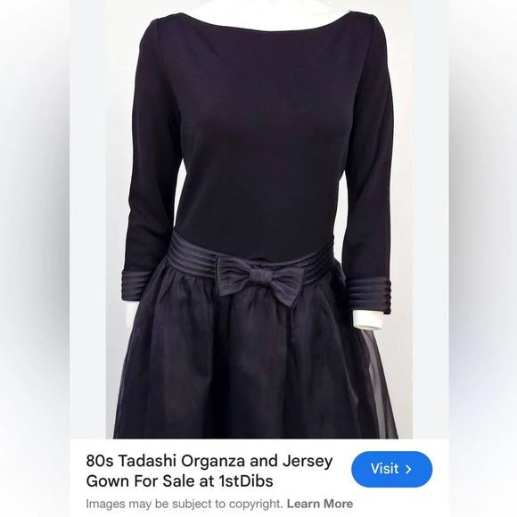 80s black Tadashi Organza and Jersey Gown tulle layers bow mid sleeve boat neck - Picture 4 of 16